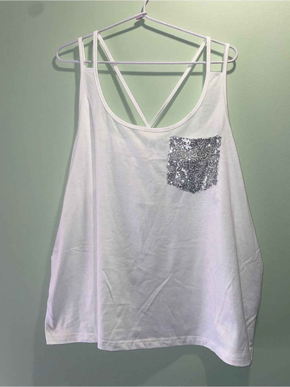 SHEIN White Strappy Tank with Silver Sequin Pocket